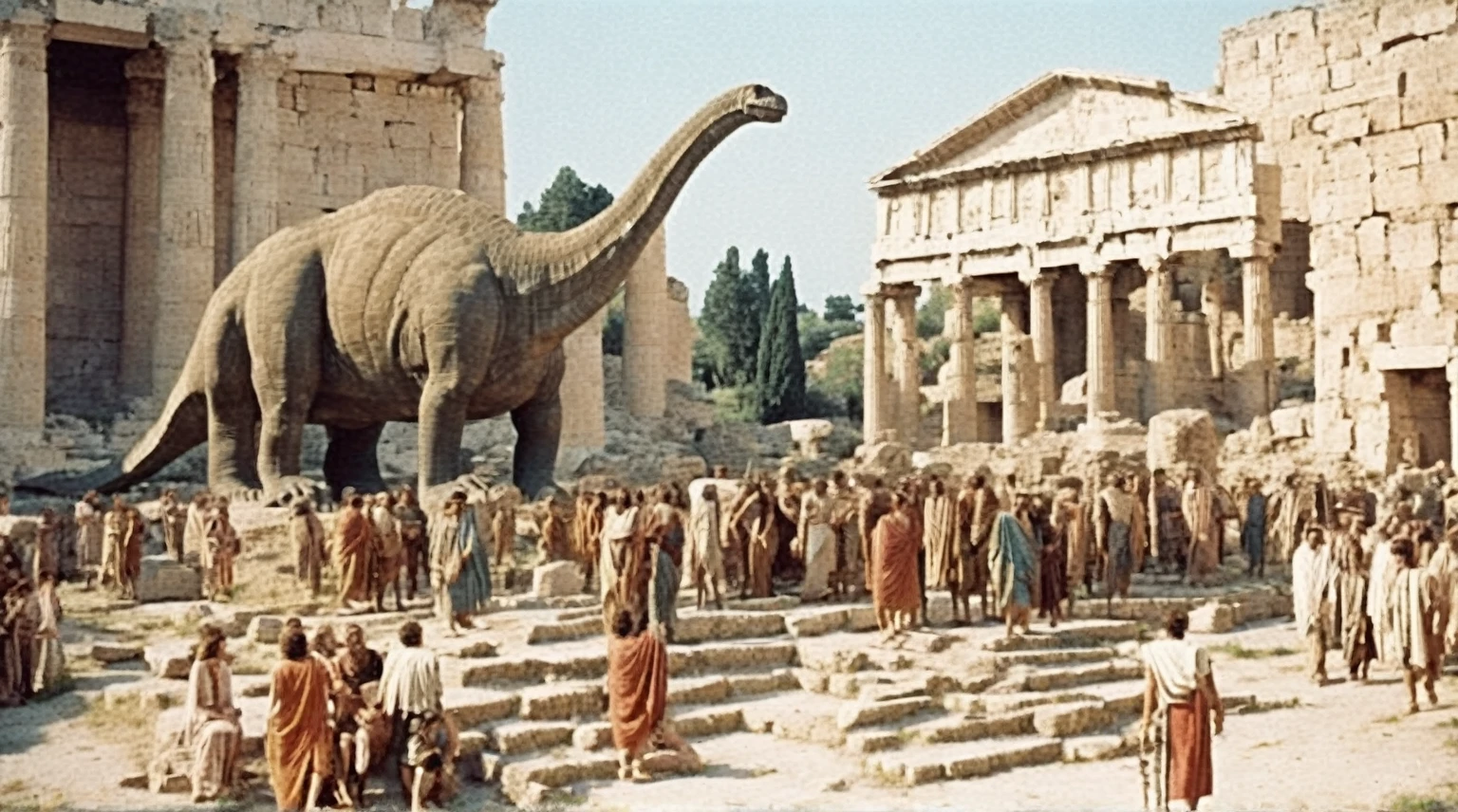 grainy old 35mm vintage, there is a large ancient roman city with dinosaurs and people, Ancient Greece Olympus Zeus-god appearing in god-ray, vast scenery