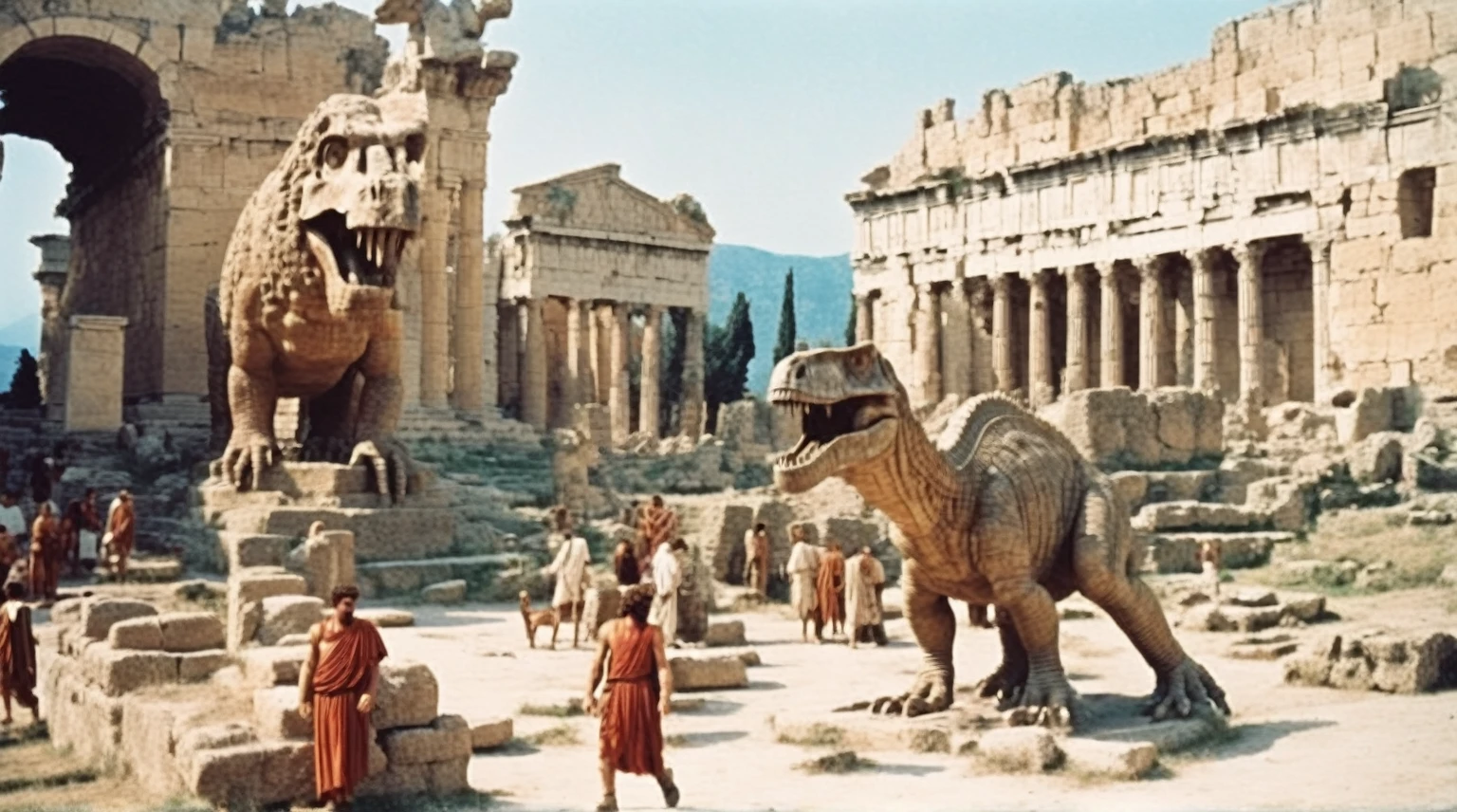 grainy old 35mm vintage, there is a large ancient roman city with dinosaurs and people, Ancient Greece Olympus Zeus-god appearing in god-ray, vast scenery