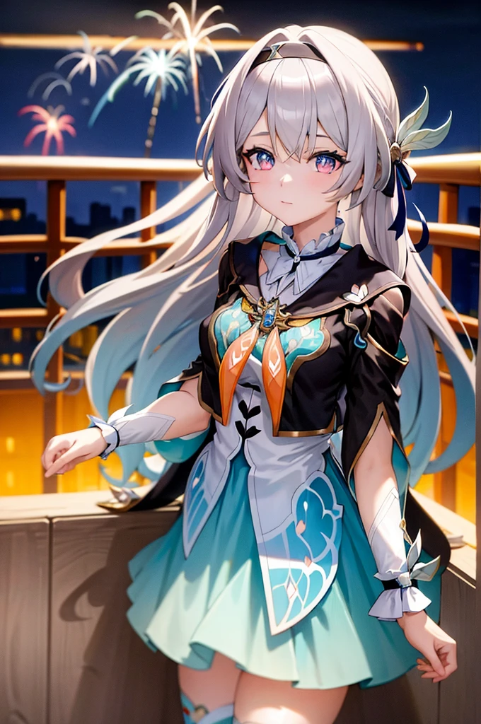 (masterpiece, best quality:1.2), 1 girl,Blue-pink gradient pupils,Brown and light teal,silver long hair,White·,sit,looki at viewer,(((bunny ears)))(((maid outfit)))(((fireworks)))fireworks,night,night,sea