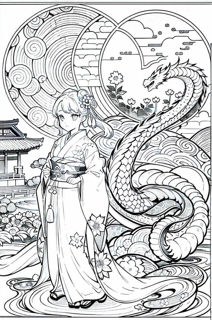 Obra maestra, superlativo,solamente, Dragon cute , flower line drawing background, fondo blanco, monocromo, line drawing, ((bosquejo)), spooky, white eyes, Please create a simple monochrome coloring book that even a can do, depicting a realistic and cute ukiyo-e illustration of a girl in a kimono, in various poses, with a Japanese garden in the background, that conveys Japanese culture.