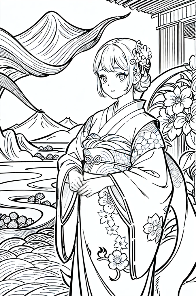 Obra maestra, superlativo,solamente, Dragon cute , flower line drawing background, fondo blanco, monocromo, line drawing, ((bosquejo)), spooky, white eyes, Please create a simple monochrome coloring book that even a  can do, depicting a realistic and cute ukiyo-e illustration of a girl in a kimono, in various poses, with a Japanese garden in the background, that conveys Japanese culture.