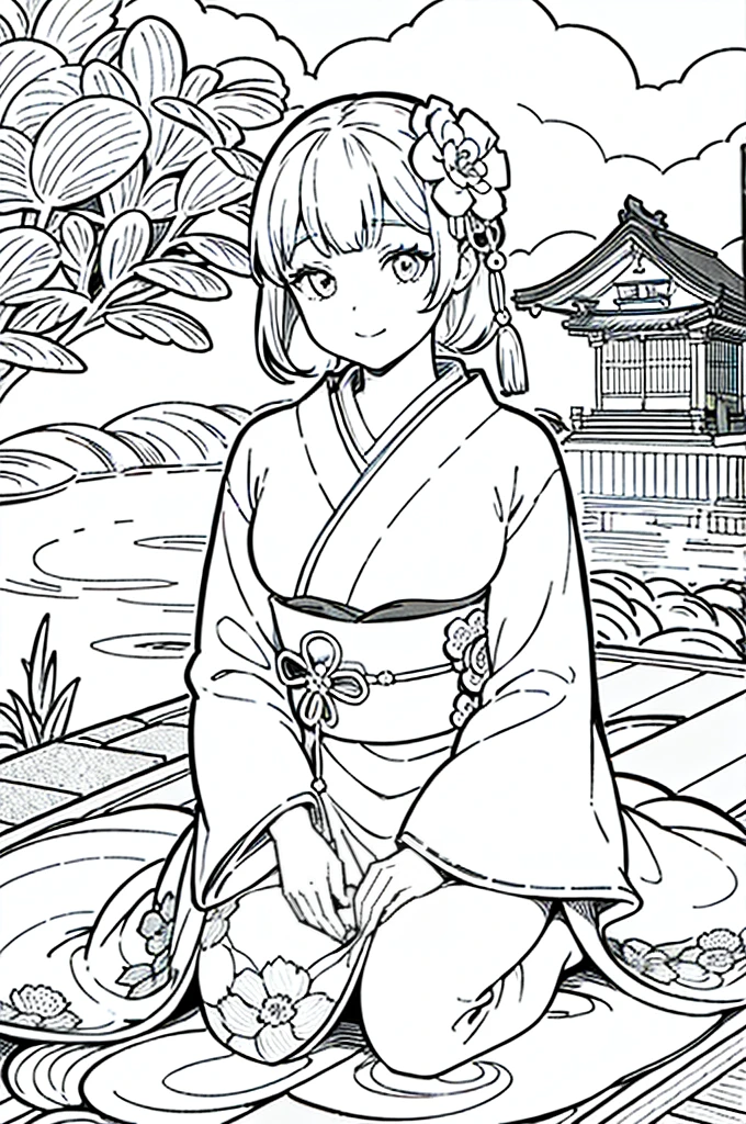 Obra maestra, superlativo,solamente, Dragon cute , flower line drawing background, fondo blanco, monocromo, line drawing, ((bosquejo)), spooky, white eyes, Please create a simple monochrome coloring book that even a  can do, depicting a realistic and cute ukiyo-e illustration of a girl in a kimono, in various poses, with a Japanese garden in the background, that conveys Japanese culture.