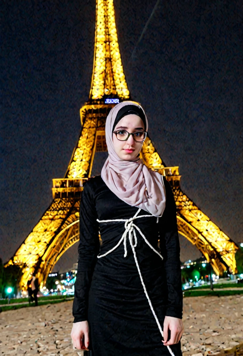Slim fit weak Very Pale skin black eyebrows kurdish glasses teen in tight tied hijab standing front Eiffel tower at night 