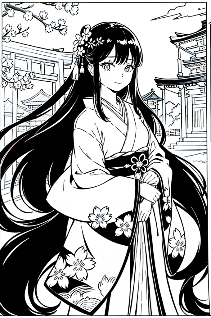 As a coloring book, the color should be black and white, the border should be simple, clear, and bold. [Girl with long black hair] wearing a [kimono with cherry blossom pattern] visiting [Kiyomizu-dera temple] in Kyoto, Japan, with [sakura hair ornaments]