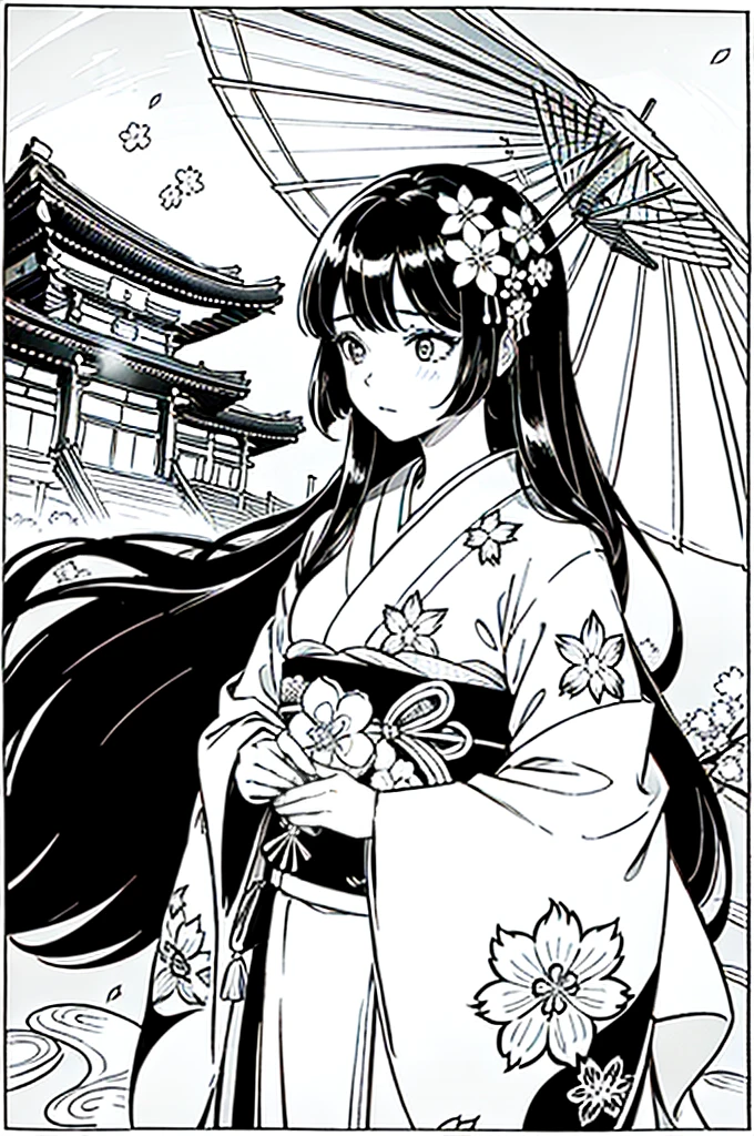 As a coloring book, the color should be black and white, the border should be simple, clear, and bold. [Girl with long black hair] wearing a [kimono with cherry blossom pattern] visiting [Kiyomizu-dera temple] in Kyoto, Japan, with [sakura hair ornaments]
