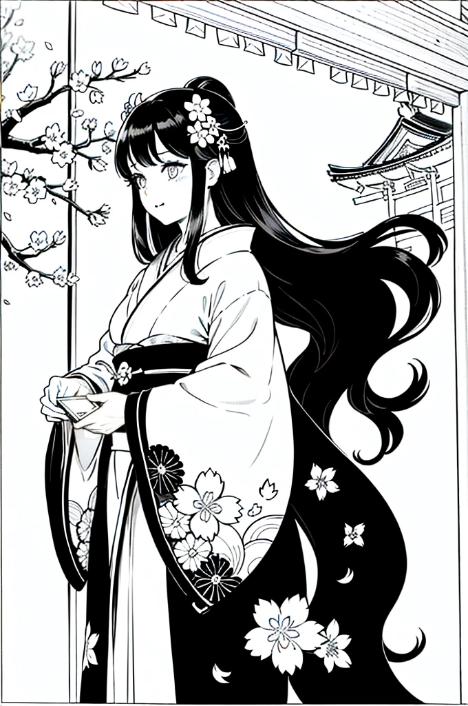 As a coloring book, the color should be black and white, the border should be simple, clear, and bold. [Girl with long black hair] wearing a [kimono with cherry blossom pattern] visiting [Kiyomizu-dera temple] in Kyoto, Japan, with [sakura hair ornaments]
