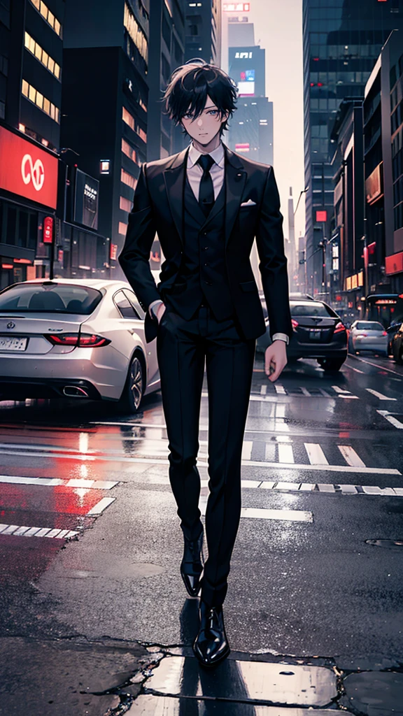 arafed man in a suit leaning on a car in a city, digital art by Yang J, trending on cg society, digital art, black luxurious suit, man in black suit, luxurious suit, neo - noir style, stylish suit, wearing a stylish men's suit, black suit, 3-piece-suit, formal attire, handsome and elegant