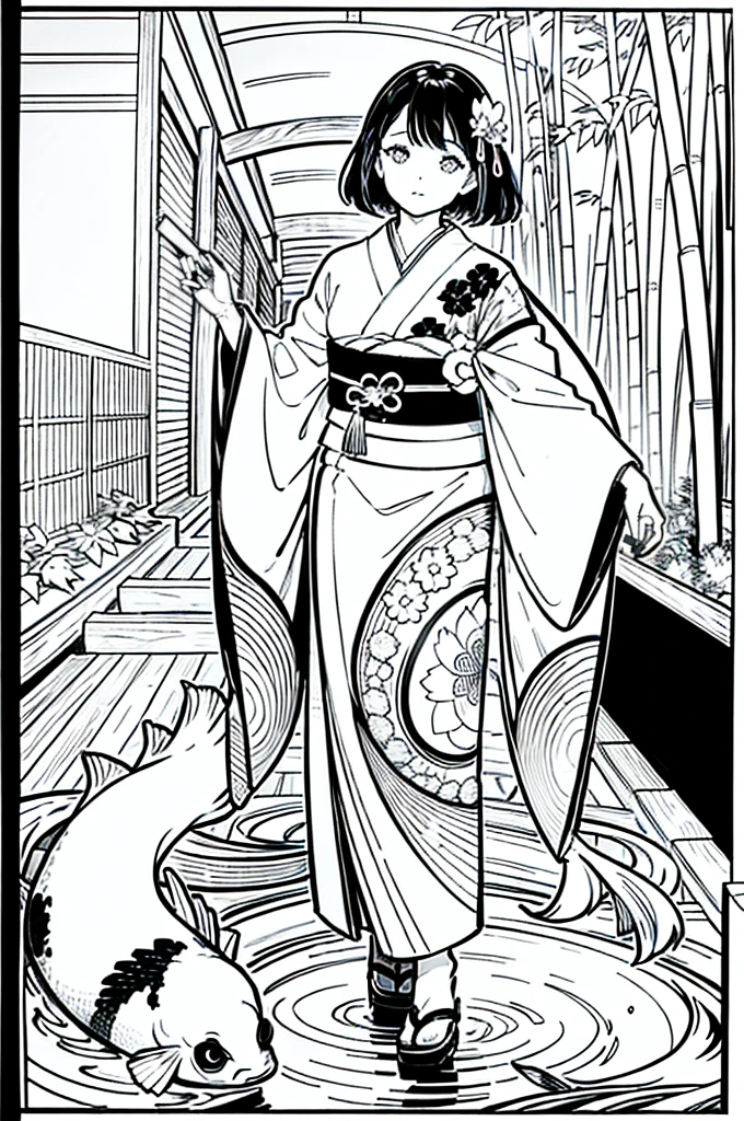 As a coloring book, the color should be black and white, the border should be simple, clear, and bold. [Girl with short brown hair] wearing a [kimono with koi fish pattern] strolling through the [Arashiyama Bamboo Forest] in Kyoto, Japan, with [kanzashi hair ornaments]