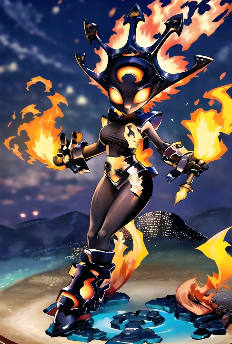 masterpiece, Highest Quality, Highest Resolution, perfect background, perfect perspective, sharp image, perfect details, perfect lighting, perfect shadows, Perfect lighting, Best background, perfect anime, 1girl, solo, Smolderdash, medium breasts, holding, fire whip, colored skin, black skin, helmet, full body, volcano, metal boots,