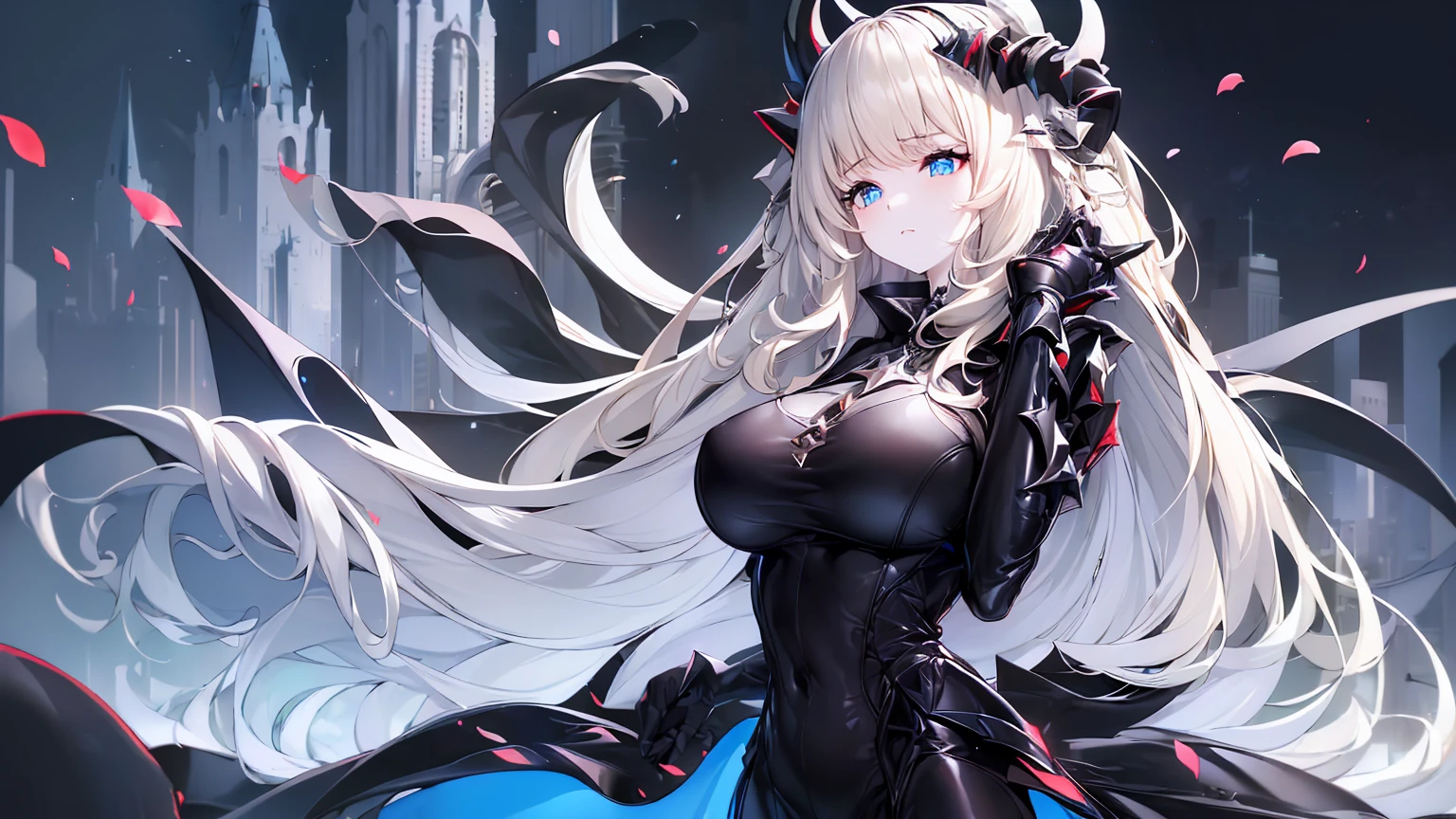 ((((Obra maestra, La mejor calidad, ultrahigh resolution)))), 1girl, standing,), ((long pure blonde hair, hair over eye)), long hair cut, shiny skin, ((blue eyes)), glowing_eyes, neon eyes, (ultra detailed eyes:0.7, beautiful and detailed face, detailed eyes:0.9), ((centered)), smirk, facing viewer, ((vibrant background, dark lighting, summer, sunlight)), large chested, looking at viewer, ((half closed eyes)), ((perfect hands)), (((head:1, arms, hips in view, elbows, in view))), ((hands behind back)), empty eyes, beautiful lighting, ((outside, outdoors)), defined subject, head tilt, (((gritty)), ((creepy)), ((cool)), ((beautiful)), (((SFW))), horns, hair ornament, petals in the air, moon in the sky, city, mature woman, adult woman, sfw, black dress, latex dress