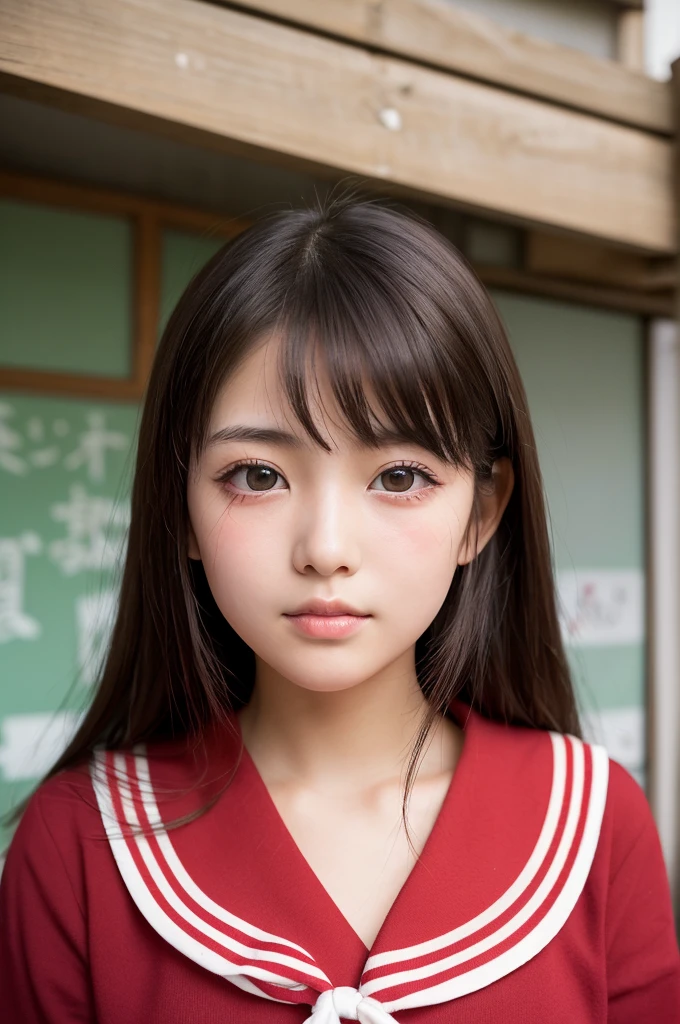 (1 Girl )、(Beautiful Japanese、18years old,round face、Refreshing、clear、seems kind、stylish、Pitiful、cute like an angel、cute、black eyes、(Single eyelid:1.6)、Beautiful skin), {(Japan human face:1.4),(General facial features)} , (((Beautiful breasts:0.4))),(((soft breasts))),(very cute),(short hair),(enchanting eyes),(highlight on eyes:1.2)、(8K、Live shooting、highest quality、masterpiece:1.2、optimal lighting)、((masterpiece)),(Photo taken by a professional photographer),(real、photo real:1.4),BREAK,{(cute Japanese high school sailor uniform),((traditional Sailor Suit:1.0))},(cheeks are red:1.3), BREAK, BREAK,Face shot:1.3、 face close-up,Looking at viewer,lonly face、Japan,morning、Summer、from above、Japanese high school classroom,(((1970s vibe)))