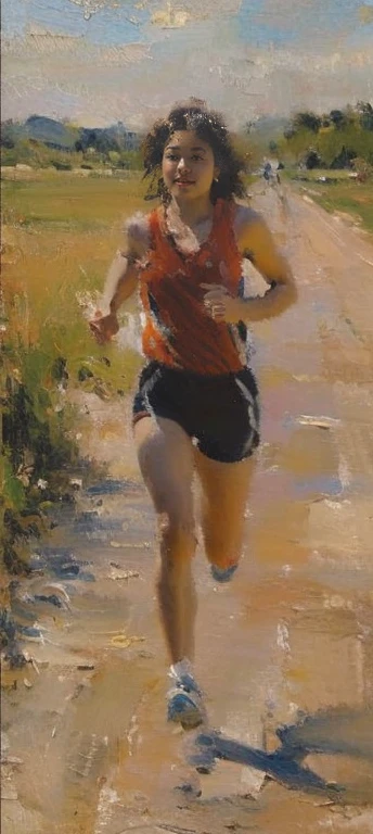 painting of a group of People run on a dirt road, People run,Impressionist brushwork, 到第一幅painting, byNatasha Tan, painting笔法, Delicate face,painting,Sunlight