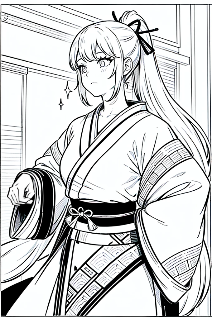 As a coloring book, the color should be black and white, the border should be simple, clear, and bold. [Girl with a ponytail] wearing a [kimono with fox pattern] practicing [kendo] in a [dojo], with [hair ties decorated with fox charms]