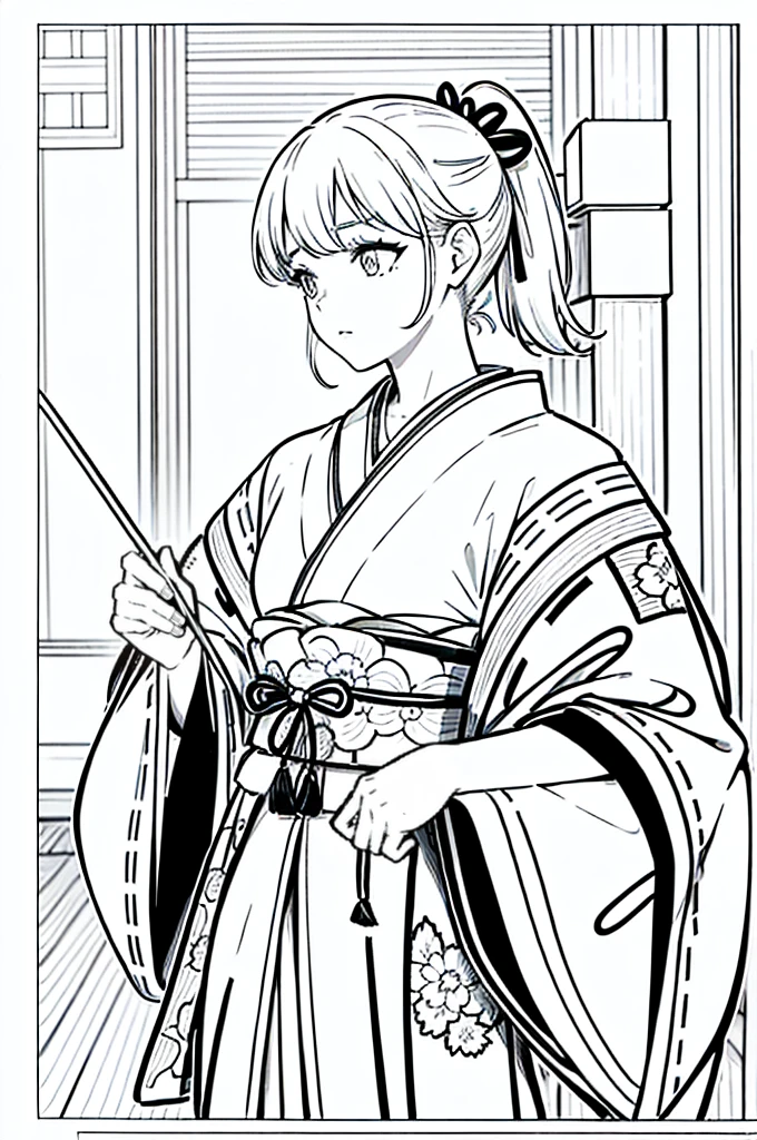 As a coloring book, the color should be black and white, the border should be simple, clear, and bold. [Girl with a ponytail] wearing a [kimono with fox pattern] practicing [kendo] in a [dojo], with [hair ties decorated with fox charms]