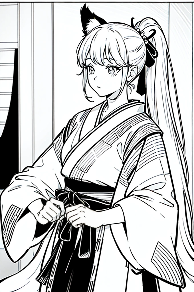 As a coloring book, the color should be black and white, the border should be simple, clear, and bold. [Girl with a ponytail] wearing a [kimono with fox pattern] practicing [kendo] in a [dojo], with [hair ties decorated with fox charms]
