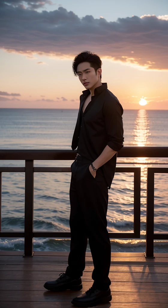 He stood on the deck,Wear black trousers,Black top,sideways,Turn to face the camera,Overlooking the sea and sunshine, with sunset, sunset, With the sunset,, gorgeous romantic sunset, Cinematic full shots, photo shoot, sunset, Stills, asian man, cool movie poses