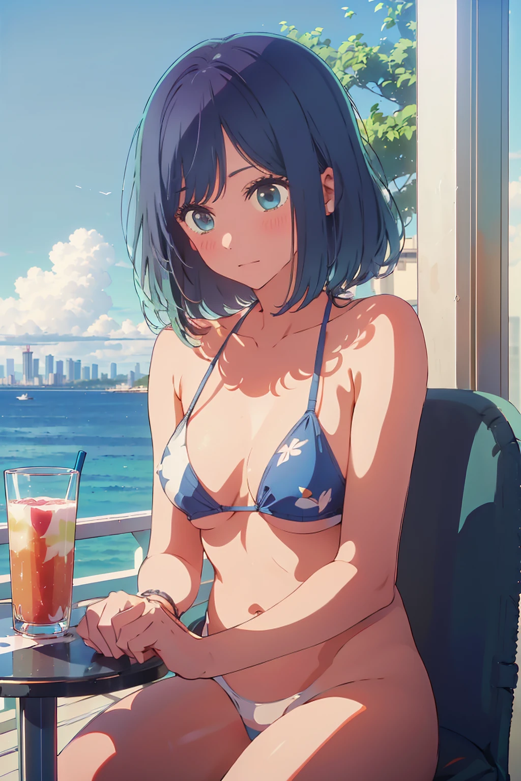 (Highest quality:1.4、8K:1.4、detailed)、F cup bust、Big Breasts、Slim body、Very white beautiful skin、((((1 person、Surprised expression、sit、Chair、In the background are the urban buildings of Tokyo、looking at the camera、Outdoor café terrace、coastal、Navy hair color、juice、Shooting up close、table、Very cute face))))、(Pose of putting hair behind ears with hands:1.4)、((((nude、Areola、bikini size too small))))、Very blue sky、A completely cloudless sky