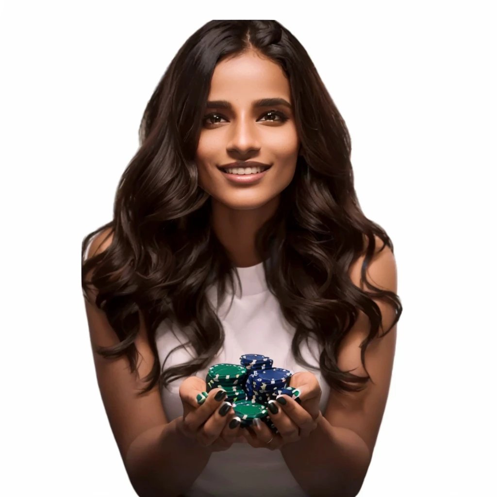 Dravidian woman holding green and blue chips in her hands, casino, online casino logo, poker, Jody Herolle, On black background, Profile photo, gamble, 3 0-year-old female, 30-year-old female, playing poker, Looks cool, Stunning images, Gorgeous Stella Maeve