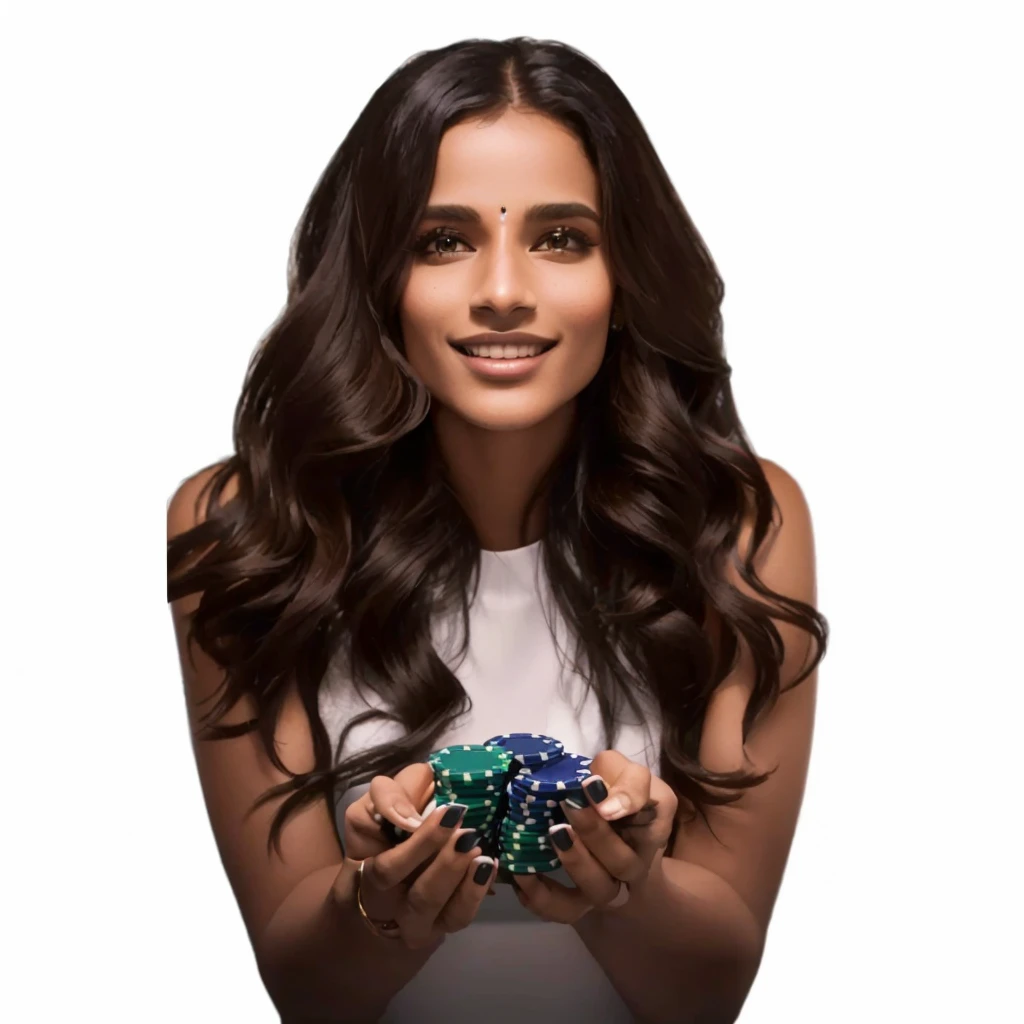 Dravidian woman holding green and blue chips in her hands, casino, online casino logo, poker, Jody Herolle, On black background, Profile photo, gamble, 3 0-year-old female, 30-year-old female, playing poker, Looks cool, Stunning images, Gorgeous Stella Maeve