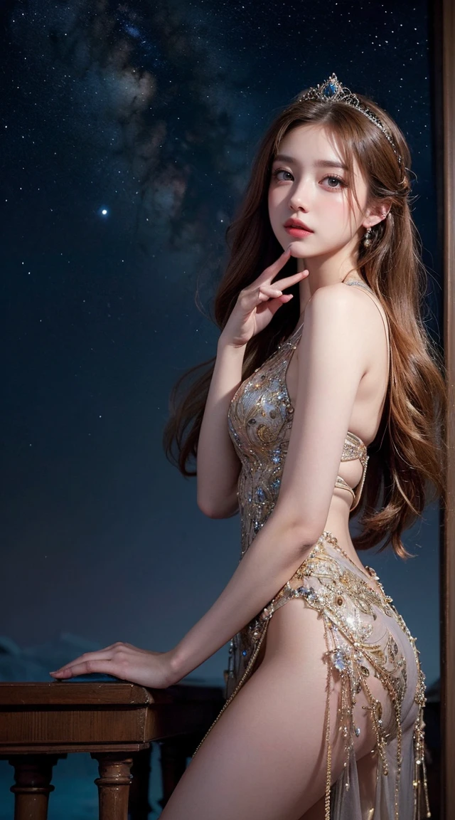 A beautiful princess, elegant, detailed, cute, (Rubensian), (Romanesque Background), (Night Sky), elegant detailed dress, (art：dgtlv2、Henry Asensio、Jean Chin、Josephine Wall、Edwin Deakin), (masterpiece), (Excellent ),