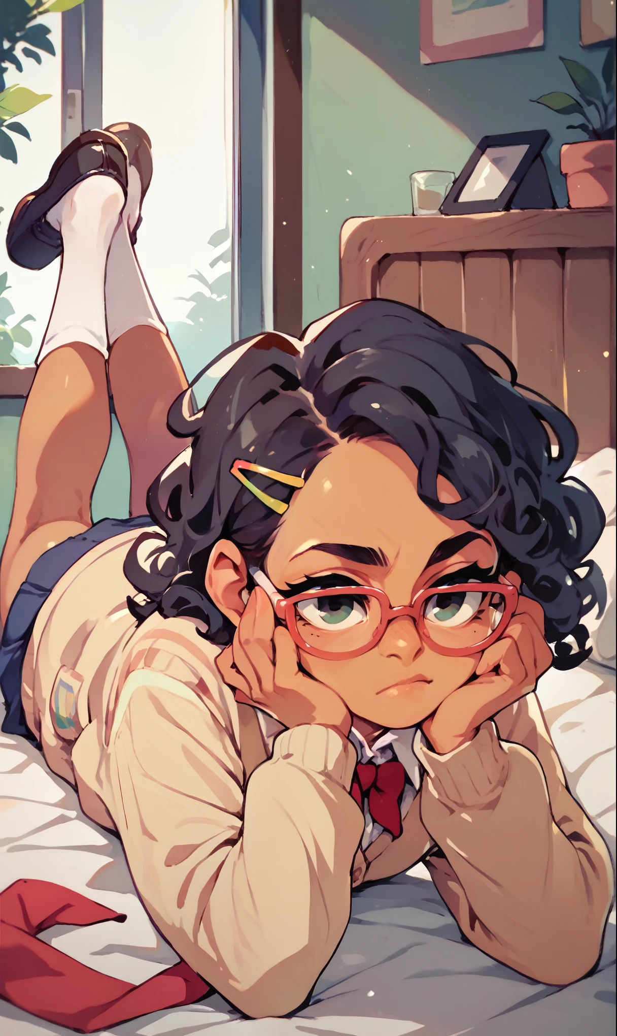 (score_9, score_8_up), score_7_up, score_6_up, score_5_up, score_4_up, 1girl, black hair, brown skin, hair ornament, hairclip, black eyes, curly hair, beige cardigan, cardigan, white shirt, red tie, glasses, lying on bed, on stomach, elbow rest, hands on chin, looking away, expressionless, white socks, black footwear, legs up, cheeks, pout, indoors, bedroom, close-up xaxaxa