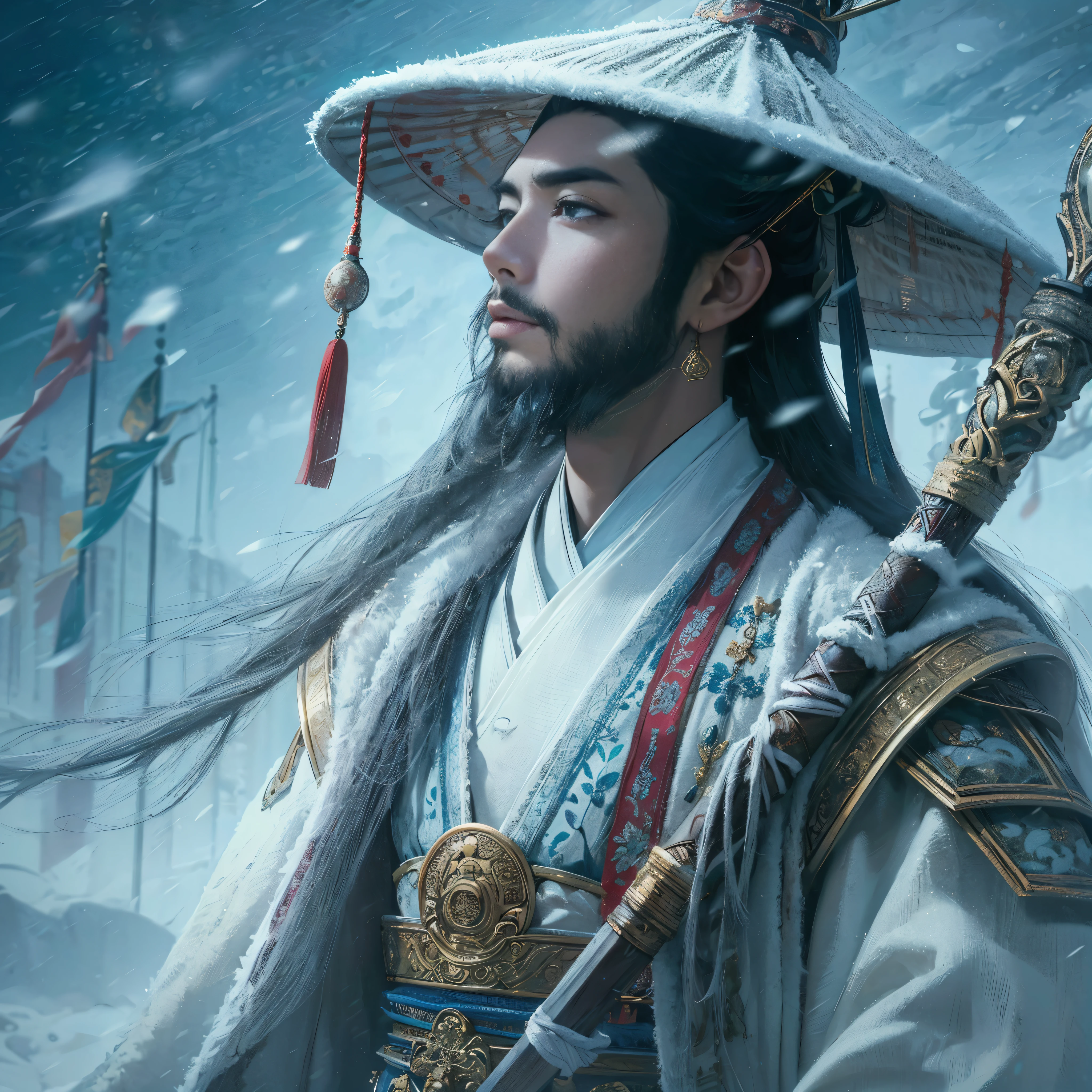 (Masterpiece:1.2), (Best Quality:1.2), (high resolution:1.2), (beautiful face and eye:1.2), (sharpest focus:1.2), (Ultra-realistic Photo:1.2), (Ultra-precise Photo:1.2), (Depth of field:1.2), (perfect anatomy:1.2), (nice hands:1.2),
(perfect hands:1.2), (five fingers:1.2), (Young, fearless, beautiful, shady Chinese man:1.0), (Lonely Chinese warrior with spear:1.0), (Neatly trimmed short beard and tied hair:1.0), (Blazing Chinese period drama style fortress:1.0),
(long spear with serpentine blade and ornate decoration:1.0), (white tsubakuhiro cap and cloak:1.0), (white armor with red, blue, and yellow coloring:1.0), (snowstorm:1.0), (melancholy expression:1.0), (picturesque standing figure:1.0),