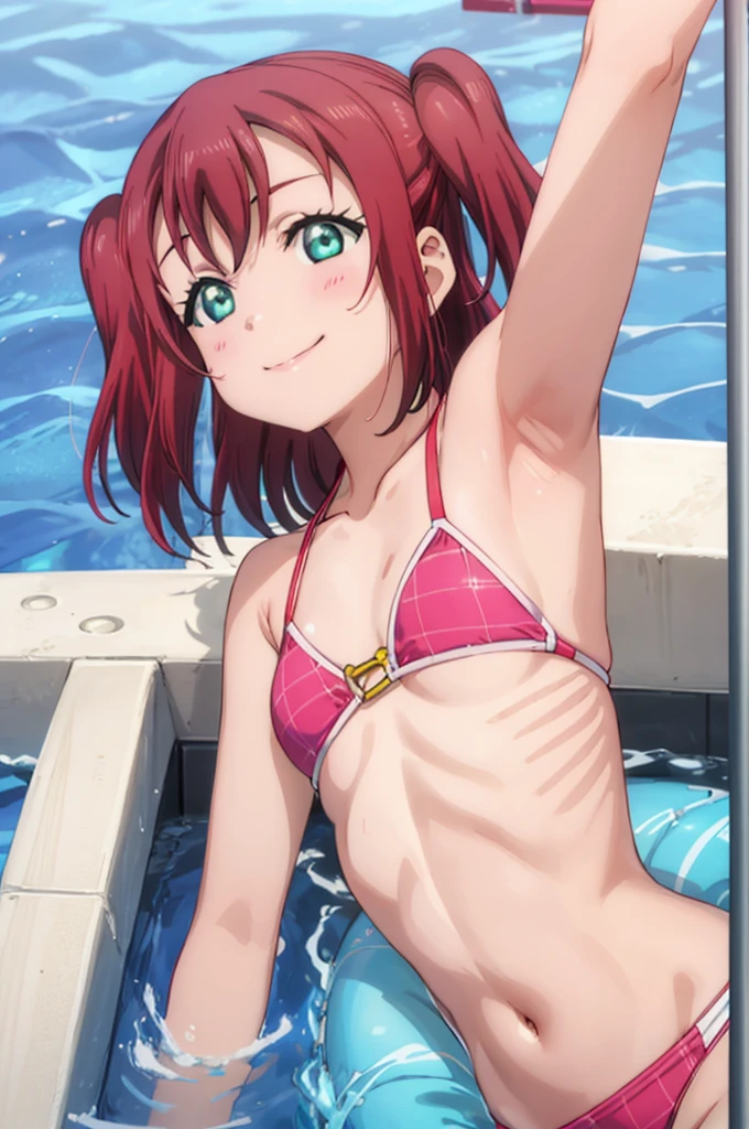 (((pixel-perfect, detail-perfect))), solo, 1girl, ruby kurosawa, smile, pool, bikini, armpit, flat filesize, ultra High Qality