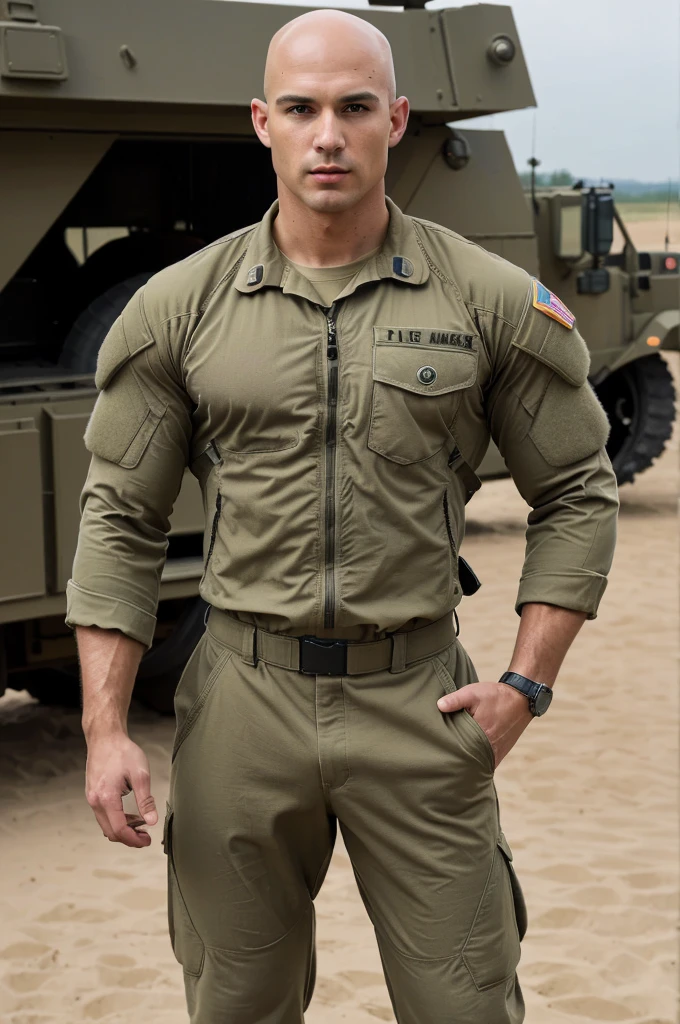 ((8k ((best quality)), ((masterpiece)), (very detailed), real face bald male muscular male full body wear soldier suit  stand by military truck