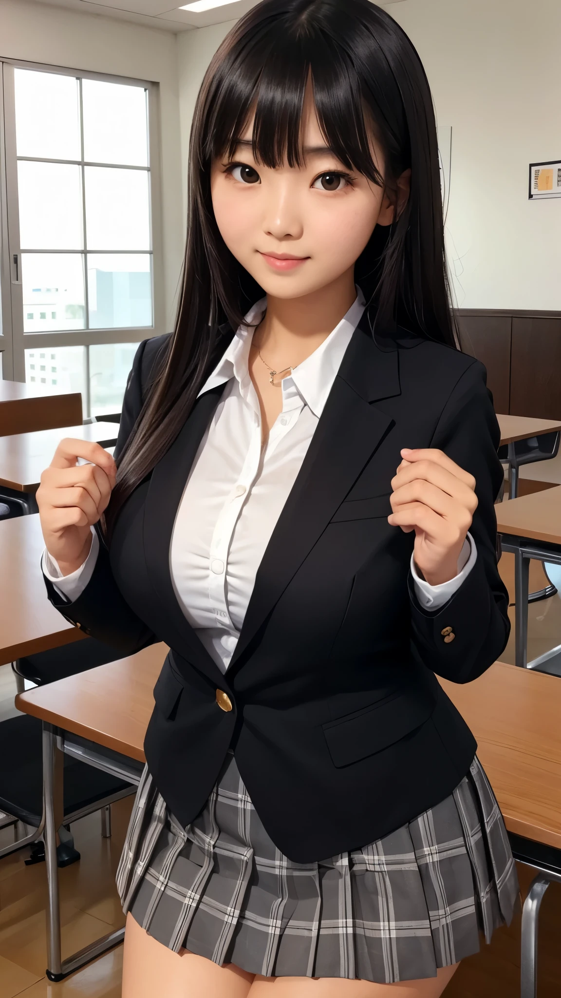 ((high quality)), ((Tabletop)), (Detailed face), (highlight),　Asian Girl、Big breasts、thigh、Black Hair、Heavy bangs、high school girl、skirt、blazer、