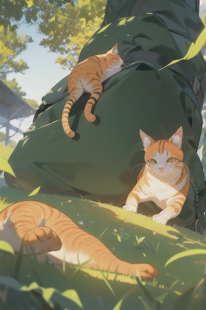Street Photography, Has unique light and shadow lines, The foreground of the picture is obscured by blurred leaves, An orange cat's head pops out of the darkness. Close-up showing light shining through the gaps between leaves onto the cat's face (Mottled light and shadow: 1.2), With retro texture, grainy texture, Dark green and orange, Realistic style