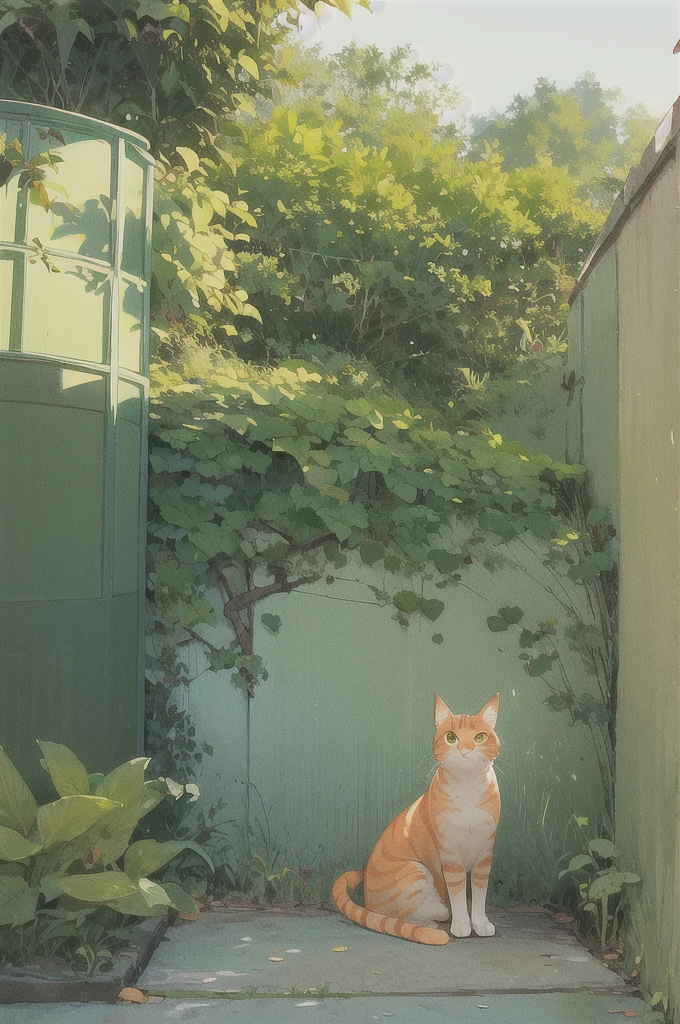 Street Photography, Has unique light and shadow lines, The foreground of the picture is obscured by blurred leaves, An orange cat's head pops out of the darkness. Close-up showing light shining through the gaps between leaves onto the cat's face (Mottled light and shadow: 1.2), With retro texture, grainy texture, Dark green and orange, Realistic style