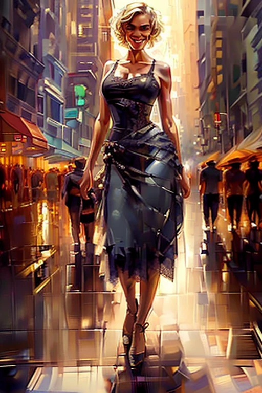 (full body:1.4),(rule of thirds), Walking city streets, Athletic blonde woman, (short hair), tomboy, cute, ((smile)), Smoky eye, mascara, sheer lace camisole. Sexy. Masterpiece, (highly detailed:1.2),(detailed face and eyes:1.2), 8k wallpaper, cinematic lighting. core shadows, high contrast, bokeh