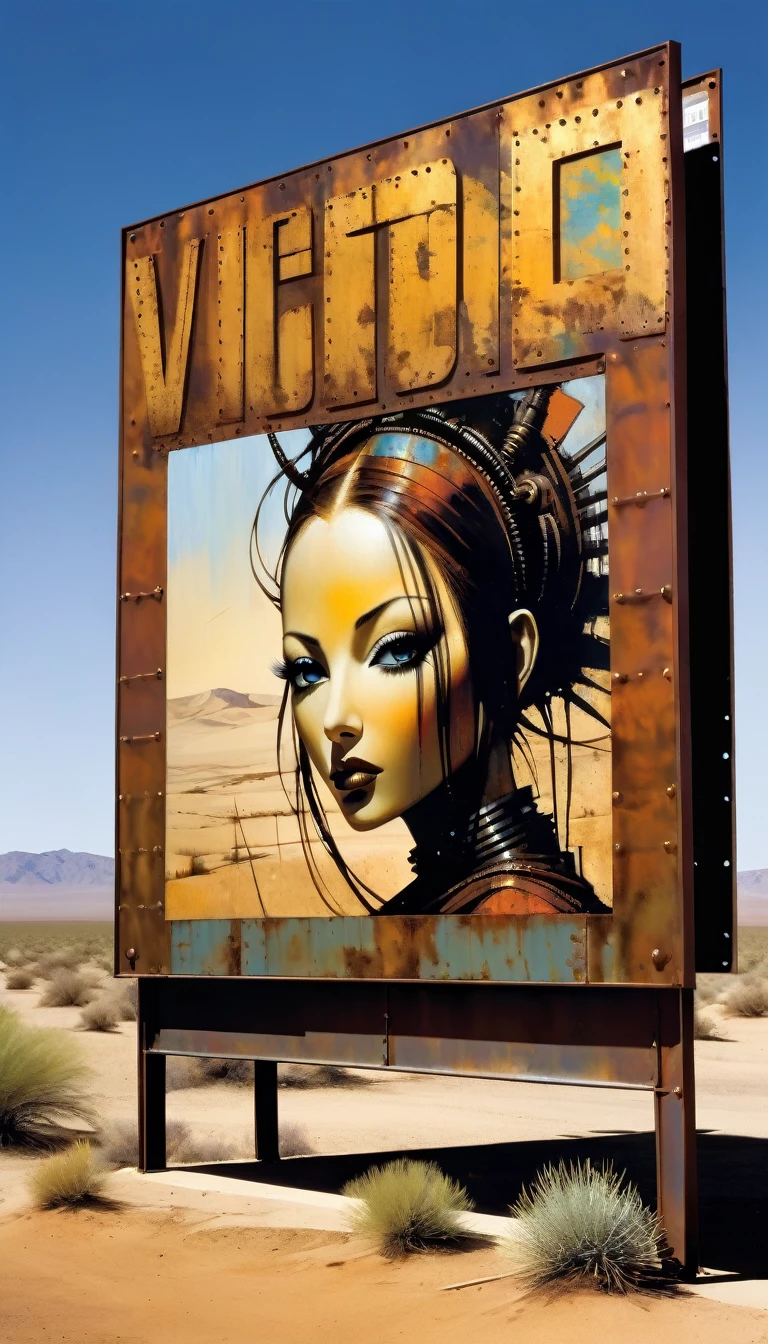advertising billboard in a desert of rusty metal, some metal letters cover it, ((the text is:"VICTOR OLANO")) (art inspired by Dave Mckean, details intricate, oil painting)
