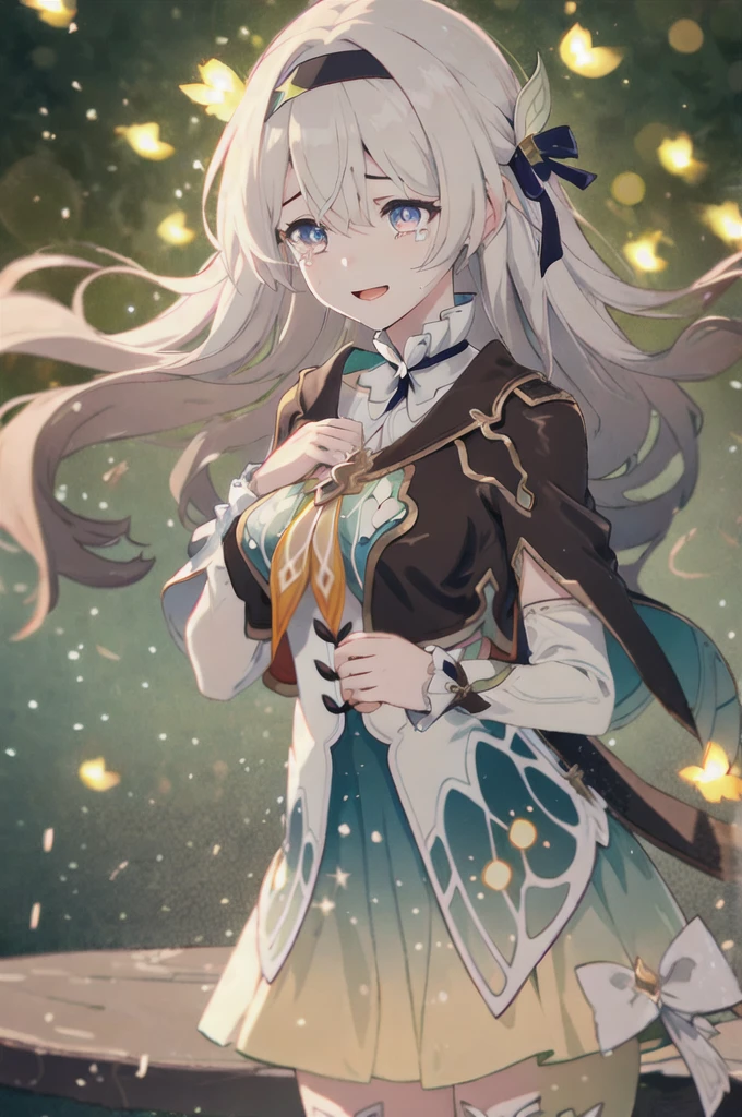 1girl, firefly \(honkai: star rail\), solo, black thighhighs, hairband, gradient skirt, hair ornament, blouse, frilled collar, cropped jacket, yellow neckerchief, cowboy shot, standing, smile, floating hair, depth of field, hands on own chest, crying with eyes open, bokeh, fireflies, night