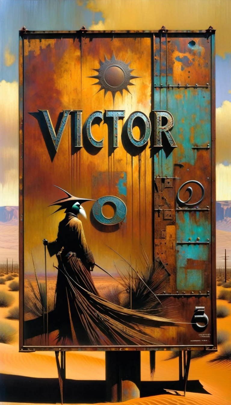 advertising billboard in a desert of rusty metal, some metal letters cover it, ((the text is:"VICTOR OLANO")) (art inspired by Dave Mckean, details intricate, oil painting)