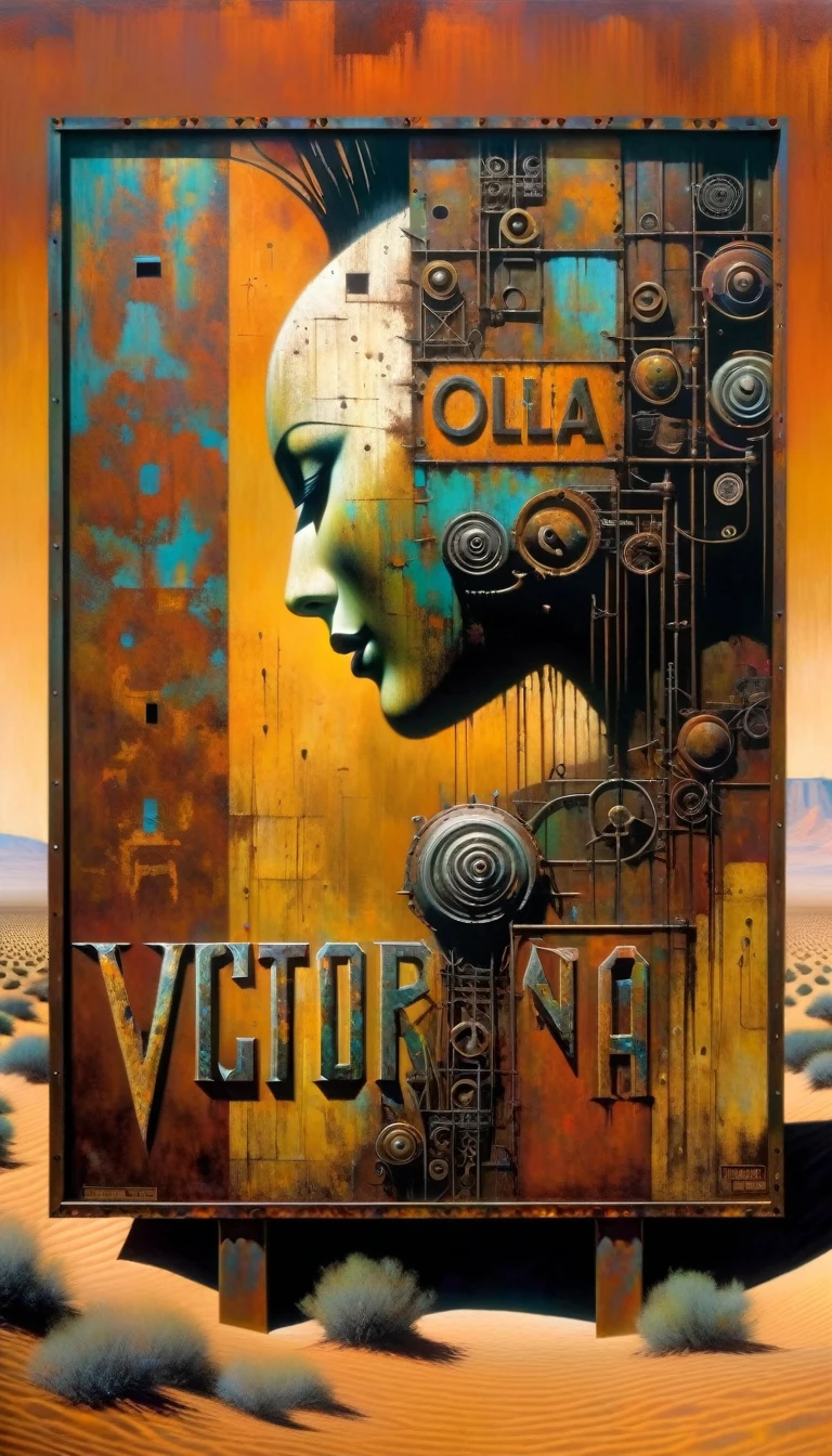 advertising billboard in a desert of rusty metal, some metal letters cover it, ((the text is:"VICTOR OLANO")) (art inspired by Dave Mckean, details intricate, oil painting)