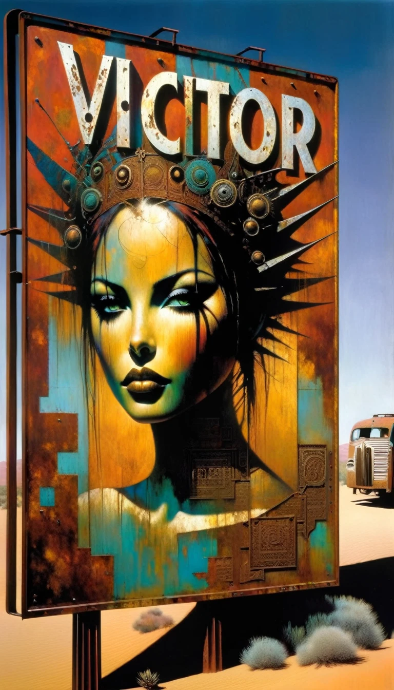 advertising billboard in a desert of rusty metal, some metal letters cover it, ((the text is:"VICTOR OLANO")) (art inspired by Dave Mckean, details intricate, oil painting)