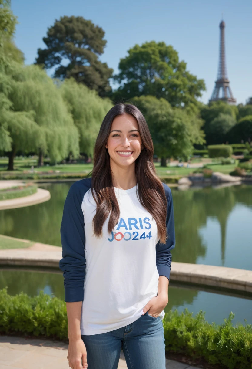 Create an image of a woman in her mid-20s with long, dark brown hair, standing in a picturesque outdoor setting. The background should feature a beautiful, realistic park with lush green trees, a clear blue sky, and a serene pond. The woman is wearing paris JO 2024 clothing and looks happy, with a warm smile on her face