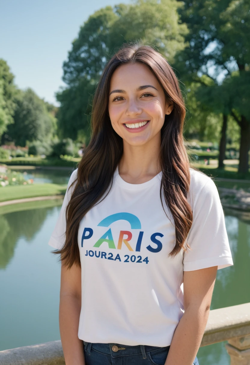 Create an image of a woman in her mid-20s with long, dark brown hair, standing in a picturesque outdoor setting. The background should feature a beautiful, realistic park with lush green trees, a clear blue sky, and a serene pond. The woman is wearing paris JO 2024 clothing and looks happy, with a warm smile on her face