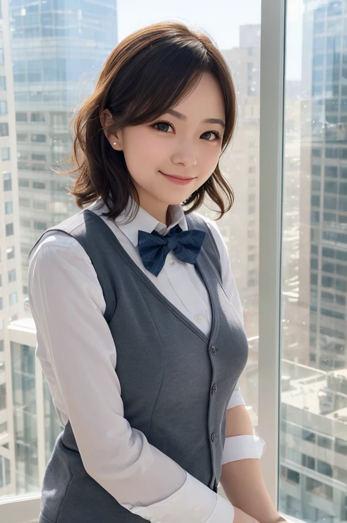 1girl, matured female, vest, bow, photo, realistic, best quality, hires, detailed face, office, buildings from window, detailed background, diffused sunlight, depth of field, bokeh