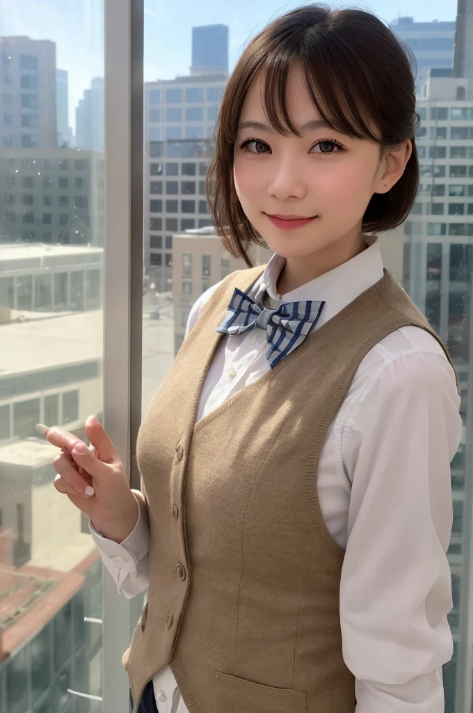 1girl, matured female, vest, bow, photo, realistic, best quality, hires, detailed face, office, buildings from window, detailed background, diffused sunlight, depth of field, bokeh