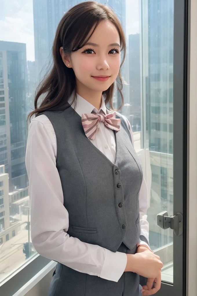 1girl, matured female, vest, bow, photo, realistic, best quality, hires, detailed face, office, buildings from window, detailed background, diffused sunlight, depth of field, bokeh