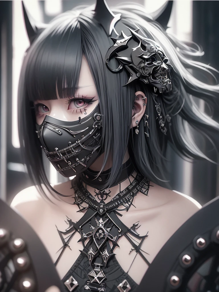 Highest quality、8K、masterpiece:1.3、Gothic Punk、The inside color is red、Black-haired、hair ornaments、Beautiful girl、creative、Dark Fantasy Style、Neogoth、Goth Fashion:1.2、High resolution、masterpiece、Highest quality、頭w:1.3、((Hasselblad Photos))、Fine skin、Sharp focus、(Cinematic lighting)、Realistic textured hair、((Black Mask)),Esbian all over、((View from below))