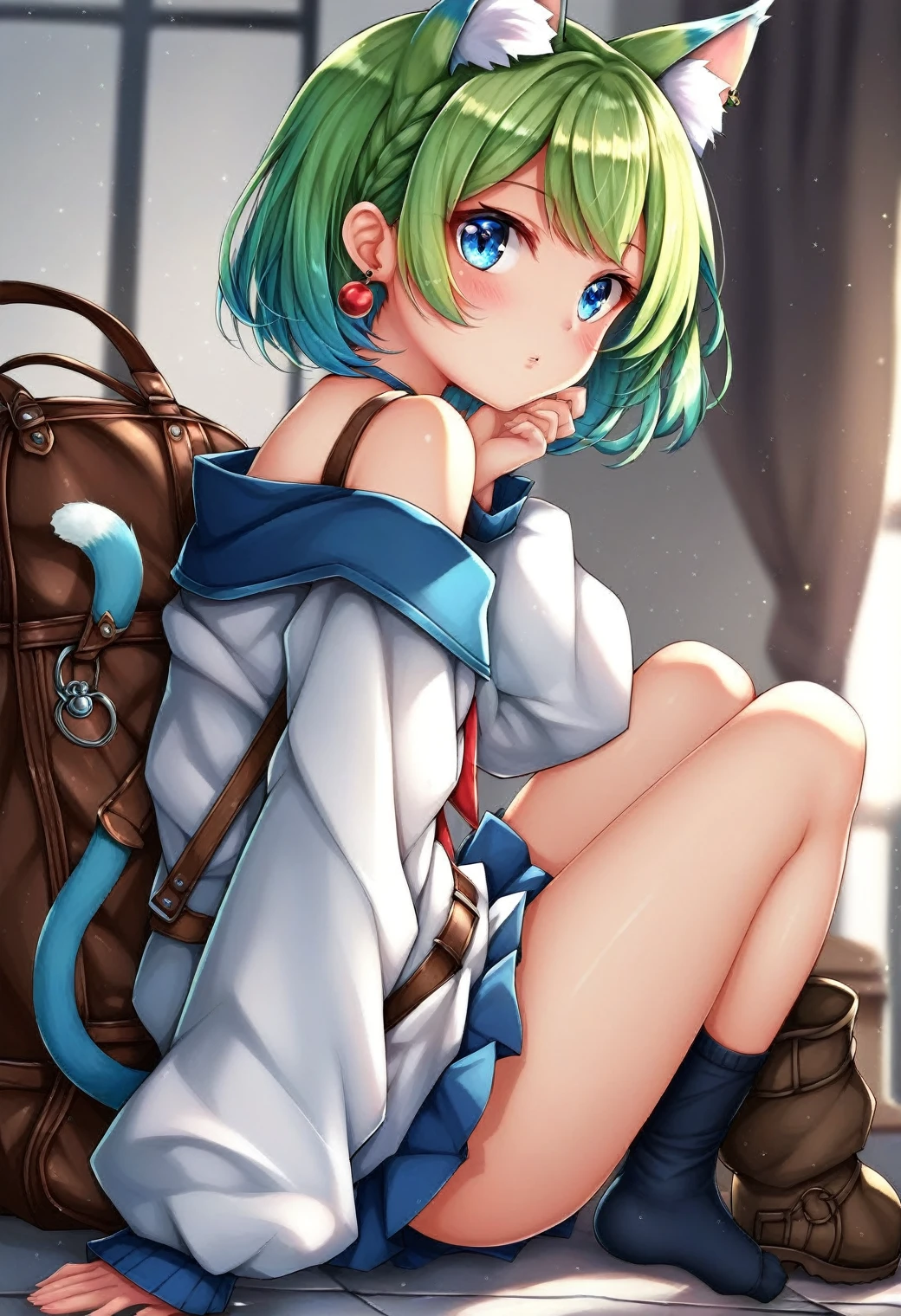 ,One girl,Deltamon_beta, alone, blue eyes, Knee socks, Animal ears, Bare shoulders, Blue Tail, Earrings,Removable sleeves, Green Hair, No sleeve, Cat ear, bag, white Knee socks, Cat's Tail,pink backpack,Pink school bag, Destroying All Fours, teeth, teeth focus, Camel Toe, From behind, Destroy the mimic chest, BREAK
score_9, score_8_superior, score_7_superior, score_6_superior, score_5_superior, score_4_superior, anime, No correction, (high quality, detailed, beautiful), Shiny, detailed beautiful eyes, Extraordinary, Countershading, detailed soft lighting