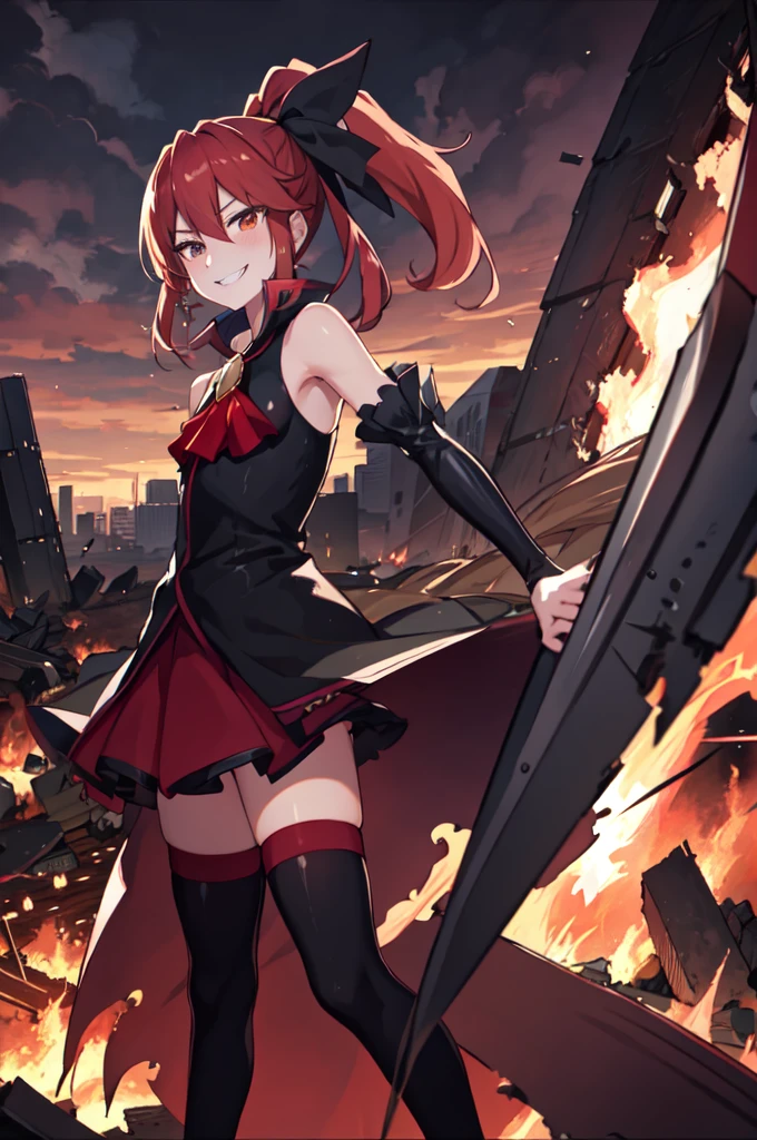 Highest quality, masterpiece, One Girl,Not beautiful, Red Ponytail, Long dress, brooch, Hair Ribbon, - Elbow hand pockets, Black knee socks, Standing on the rubble, Cityscape in a sea of fire, (Wicked Smile:1.1), ,,Dark shadowed face,Sadistic smile,Malice,Contempt,smile,latex,Bad face,,Red Skirt,Raging Thunder