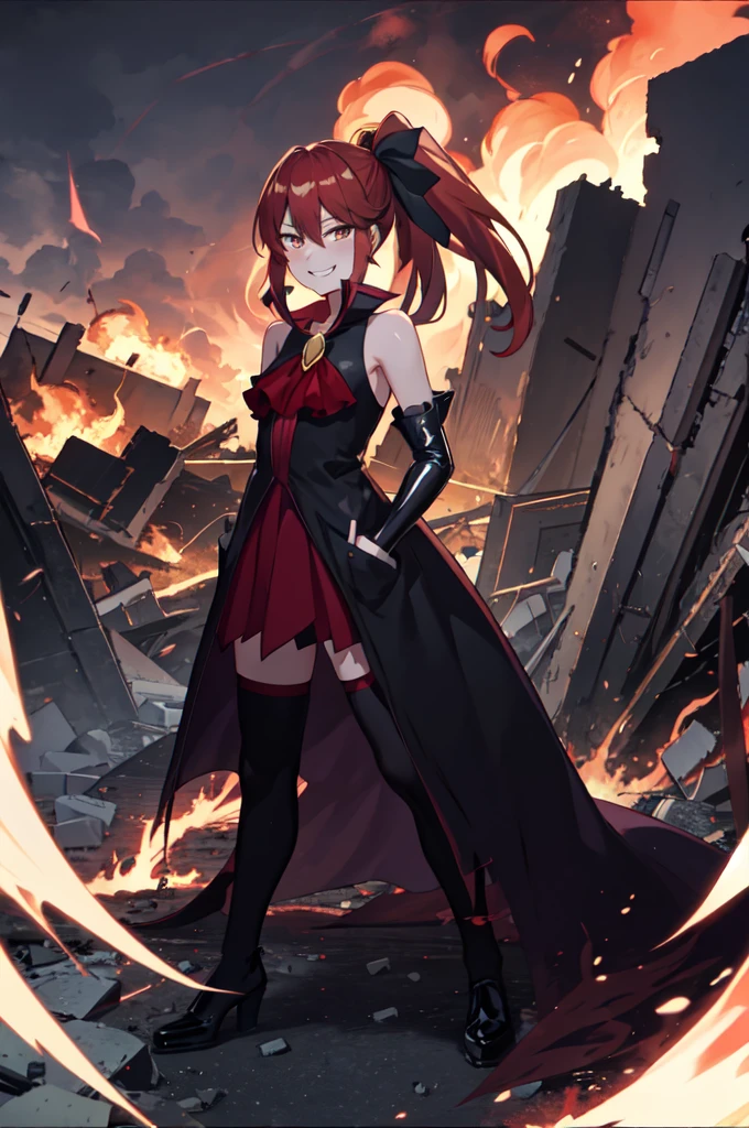 Highest quality, masterpiece, One Girl,Not beautiful, Red Ponytail, Long dress, brooch, Hair Ribbon, - Elbow hand pockets, Black knee socks, Standing on the rubble, Cityscape in a sea of fire, (Wicked Smile:1.1), ,,Dark shadowed face,Sadistic smile,Malice,Contempt,smile,latex,Bad face,,Red Skirt,Raging Thunder



