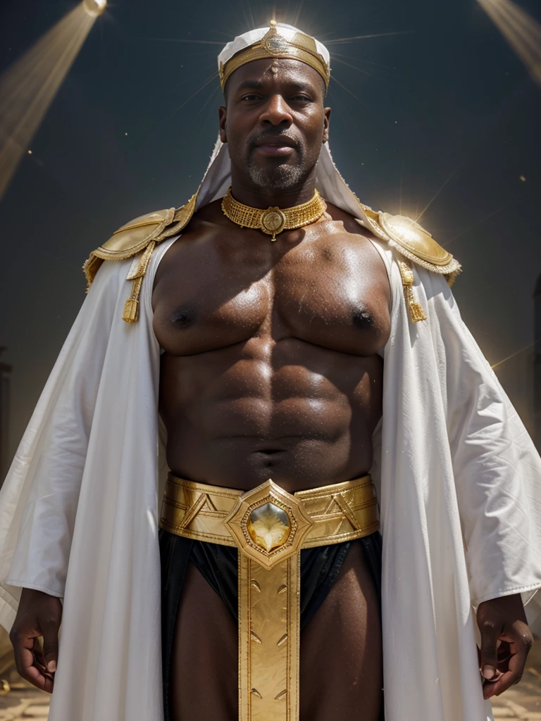Hyperrealistic image of an elderly Senegalese man over 79 years old superhero king holy Christian martyr of the 2nd century AD imperial warrior with rays of light coming out of his bald body with a huge crown of gold and gems and a halo of light with rays on his super head heavy and very fat very handsome bodybuilder with huge, flabby very large pecs and very sweaty pointed  in a sky of very white clouds wearing only a leather and gold Roman skirt and a velvet cape over the shoulders with an ermine collar 