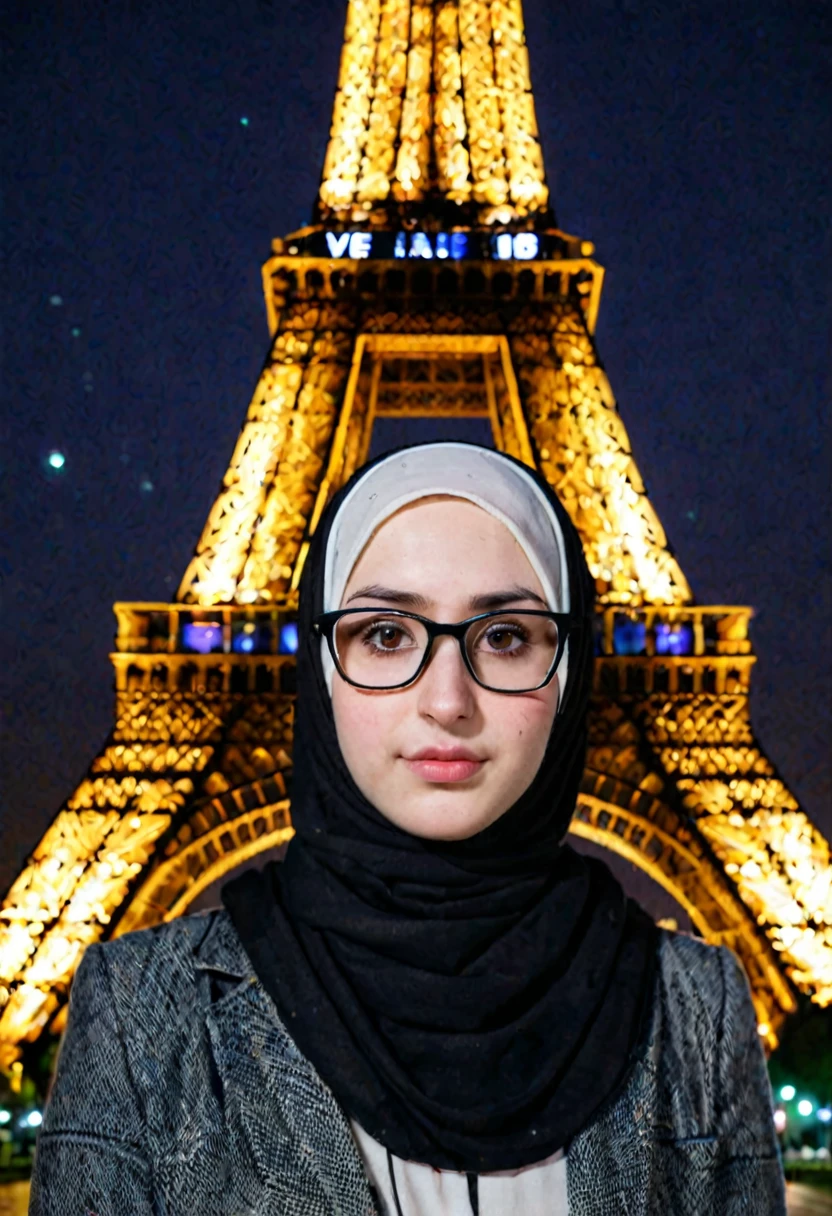 Slim fit weak Very Pale skin black eyebrows kurdish glasses teen in tight hijab standing front Eiffel tower at night portrait headshot
