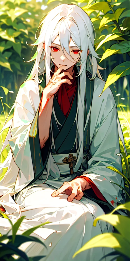 (masterpiece, best quality),1boy with long white hair sitting in a field of green plants and flowers, her hand under her chin, warm lighting, white dress, blurry foreground, red eyes, chinise clothes