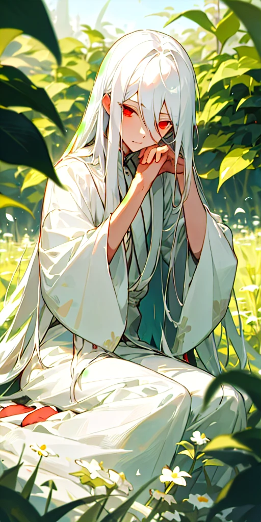 (masterpiece, best quality),1boy with long white hair sitting in a field of green plants and flowers, her hand under her chin, warm lighting, white dress, blurry foreground, red eyes, chinise clothes